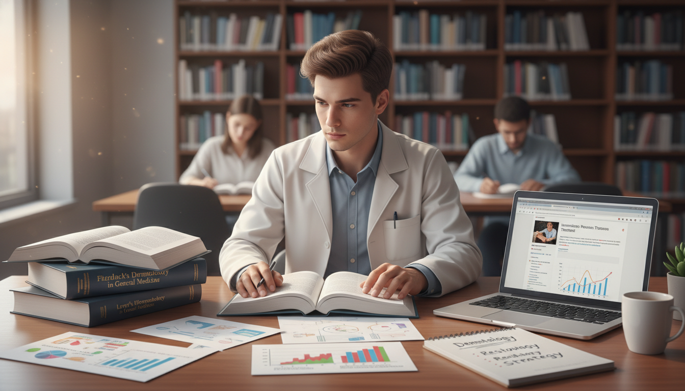 Medical student reviewing dermatology research and residency application plan Medical student reviewing dermatology research and residency application plan - dermatology residency for Ultra-Competitive S