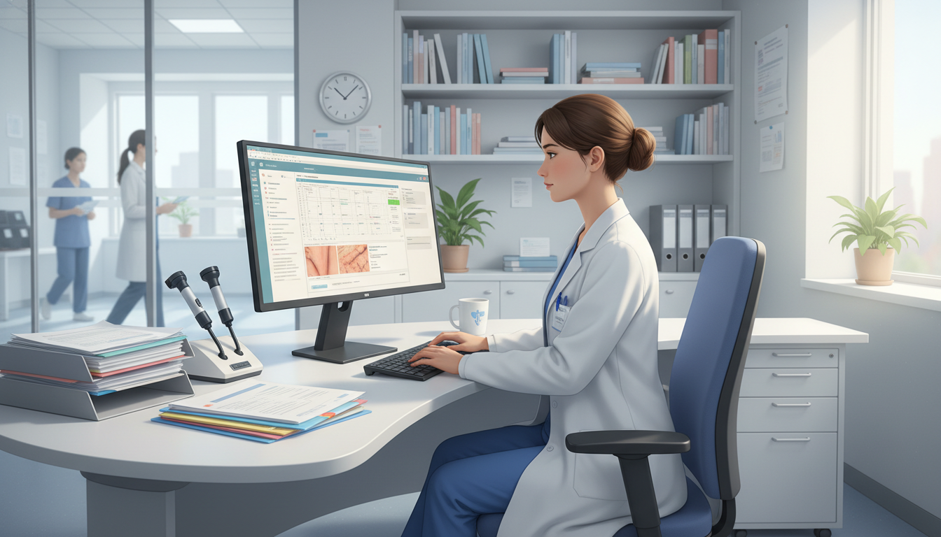 Dermatology resident reviewing patient charts - dermatology residency for Managing Residency Work Hours in Dermatology: A Com