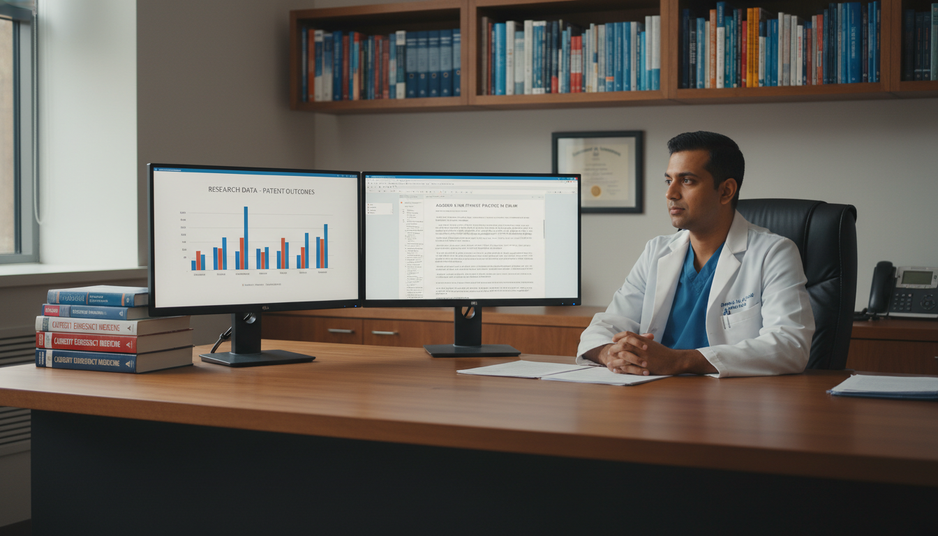 Emergency Medicine-Internal Medicine physician reviewing research data in an office Emergency Medicine-Internal Medicine physician reviewing research data in an office - EM IM combined for Academic vs Private