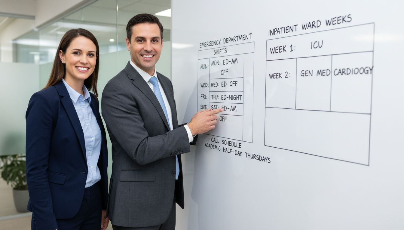 Physician negotiates shift distribution between emergency department and inpatient service Physician negotiates shift distribution between emergency department and inpatient service - EM IM combined for Physician Con