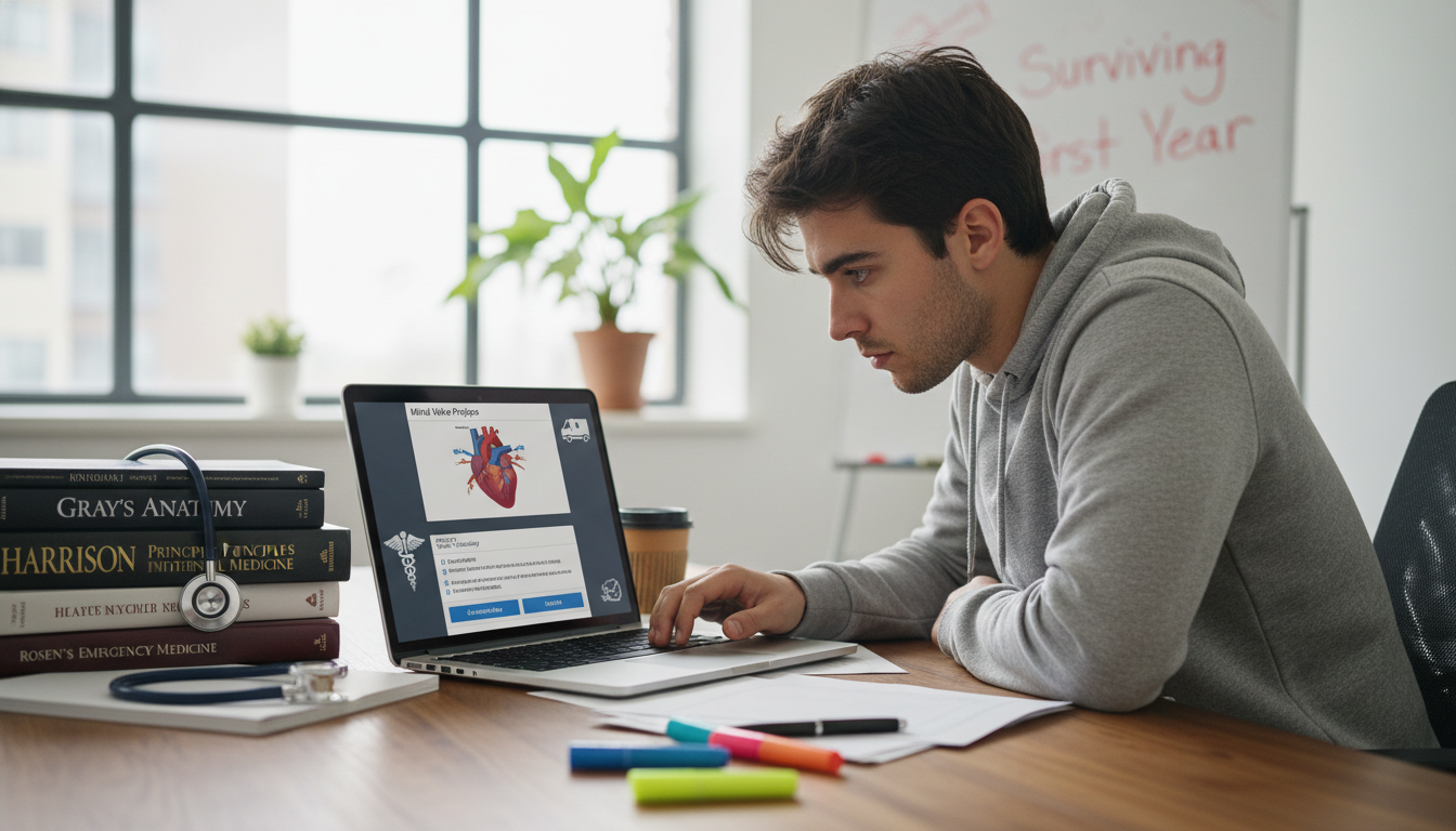 Medical student using digital flashcards and question bank on laptop Medical student using digital flashcards and question bank on laptop - EM IM combined for Surviving First Year of Med School