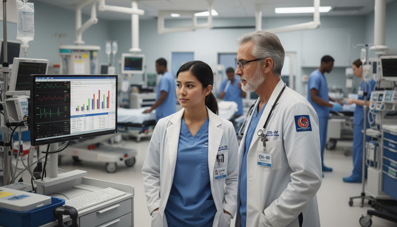 Emergency Medicine-Internal Medicine resident working with attending physician in a hospital resuscitation bay Emergency Medicine-Internal Medicine resident working with attending physician in a hospital resuscitation bay - EM IM combin