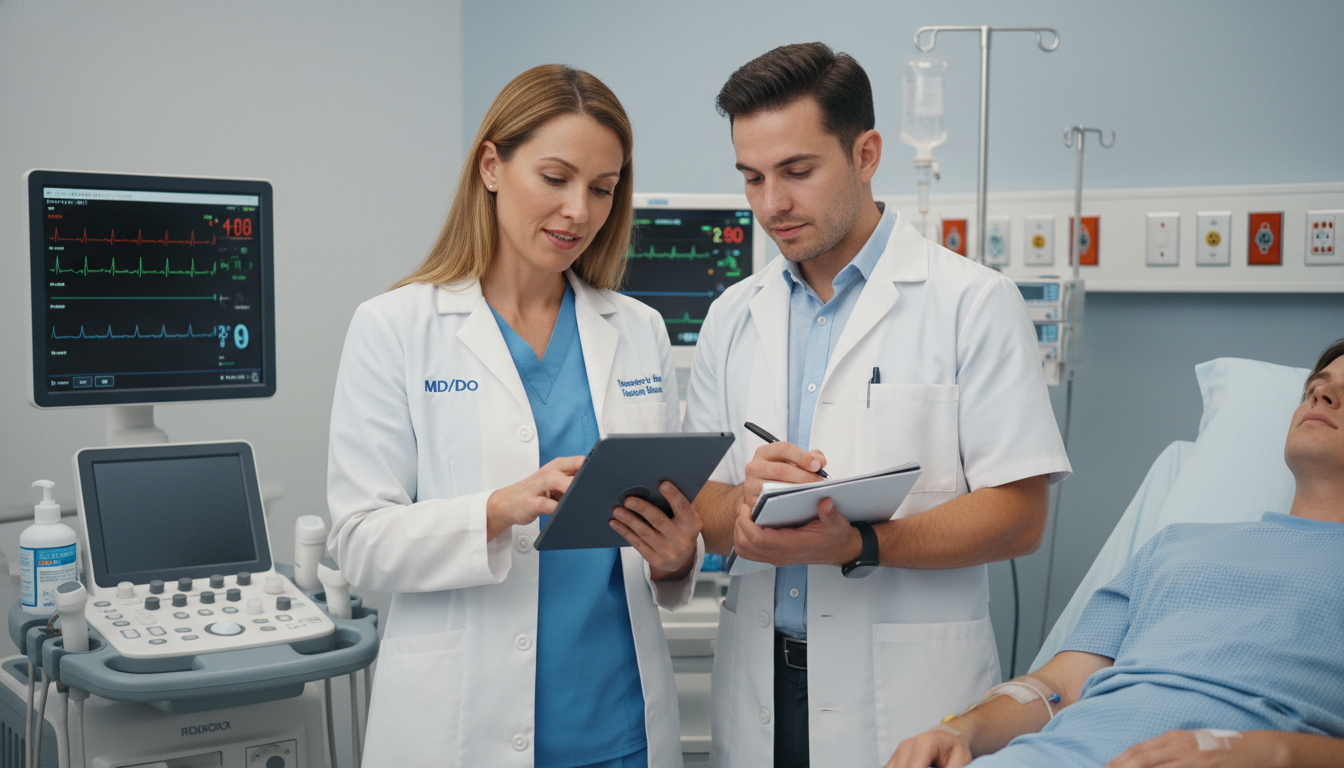 Emergency Medicine-Internal Medicine physician teaching medical student during shift - EM IM combined for Medical Shadowing E