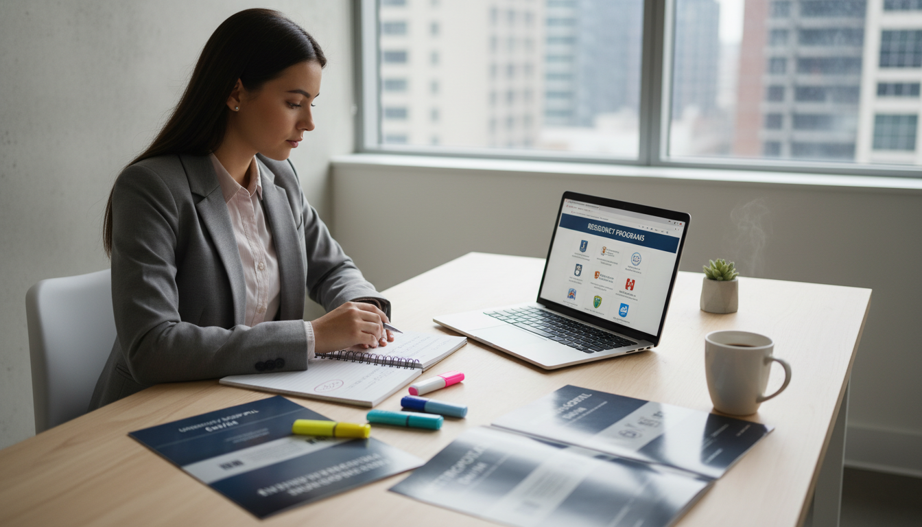 Resident reviewing program information and taking notes - EM IM combined for Pre-Interview Preparation in Emergency Medicine-