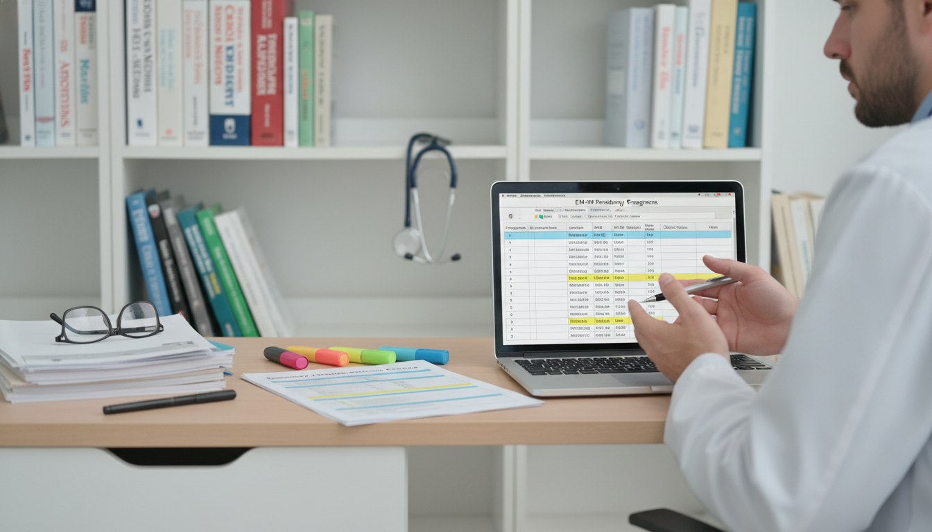 Residency applicant reviewing EM-IM program data on laptop and notes - EM IM combined for Program Selection Strategy in Emerg