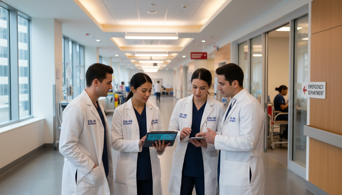 Emergency medicine-internal medicine residents working together in hospital - EM IM combined for Questions to Ask Programs in