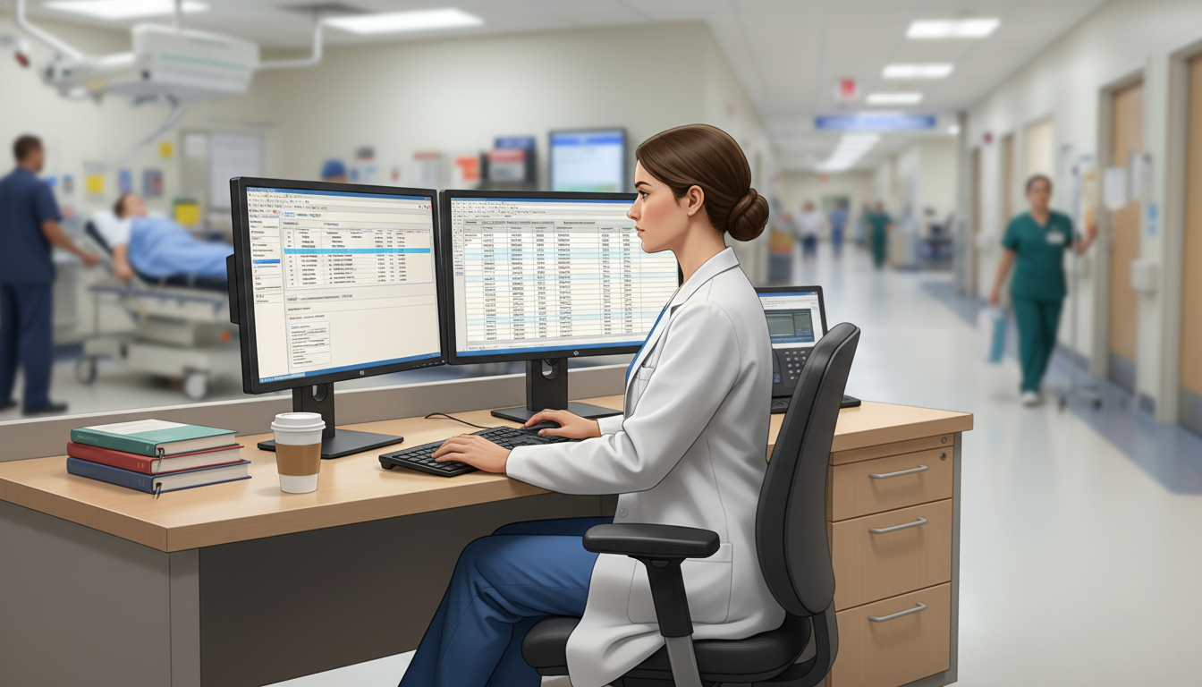EM-IM resident conducting chart review research in a hospital workstation EM-IM resident conducting chart review research in a hospital workstation - EM IM combined for Research During Residency in E