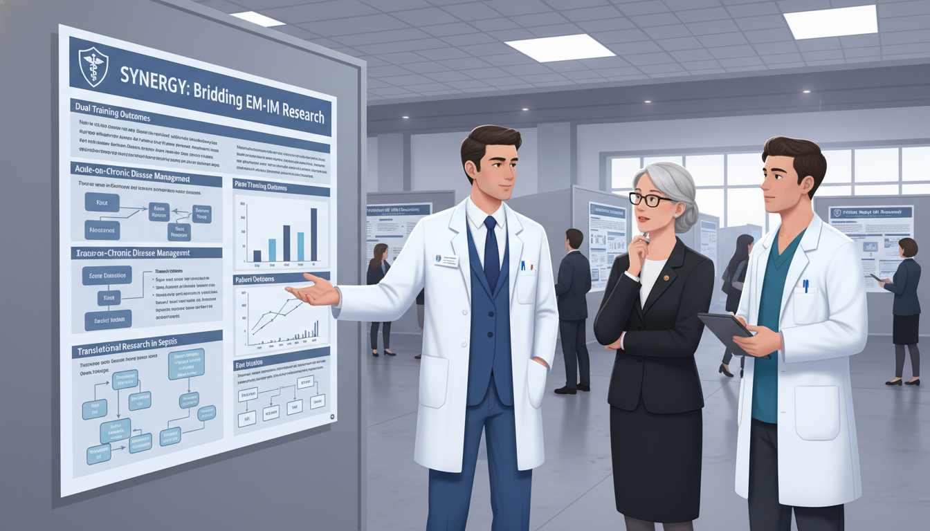 EM-IM resident presenting a research poster at a medical conference EM-IM resident presenting a research poster at a medical conference - EM IM combined for Research Profile Building in Emergen