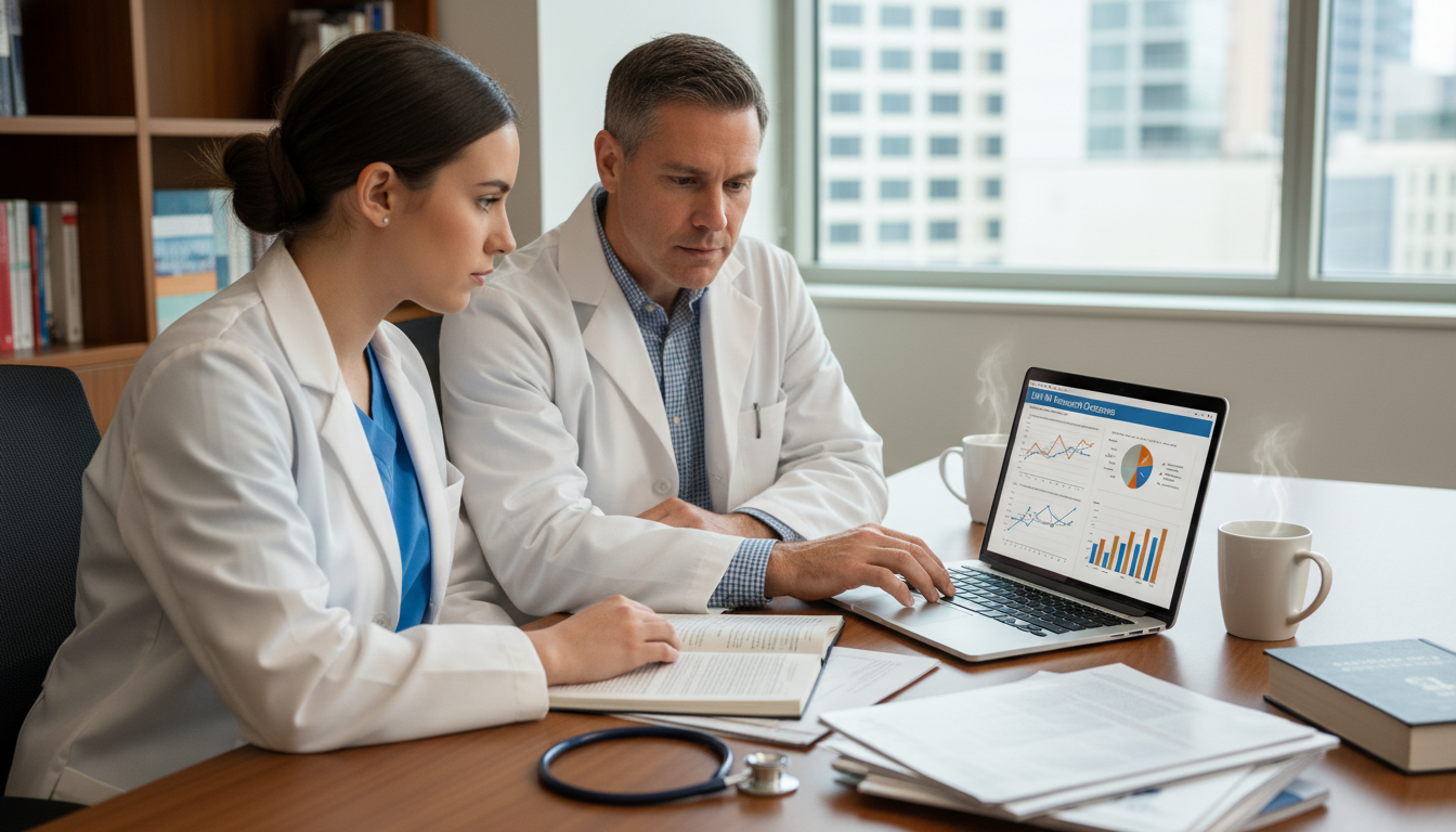 Medical student and mentor reviewing EM-IM research data Medical student and mentor reviewing EM-IM research data - EM IM combined for Research Profile Building in Emergency Medicine