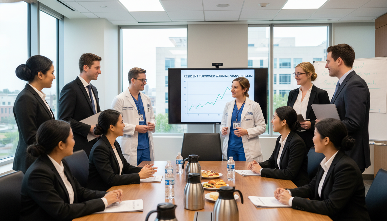 Residency applicants speaking with EM-IM residents during interview day Residency applicants speaking with EM-IM residents during interview day - EM IM combined for Resident Turnover Warning Signs