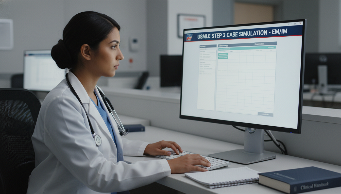 Resident practicing CCS cases on a hospital computer - EM IM combined for USMLE Step 3 Preparation in Emergency Medicine-Inte