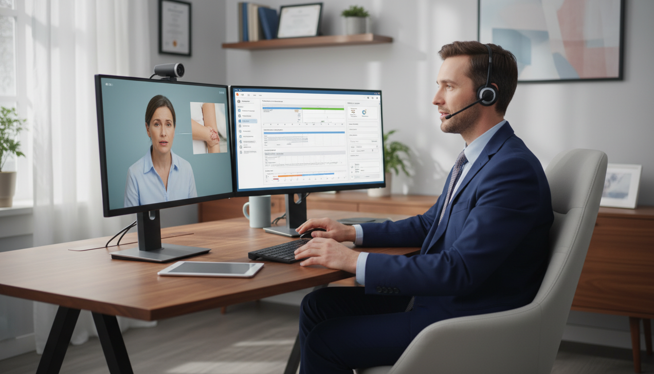 Telehealth physician conducting a virtual visit from a home office Telehealth physician conducting a virtual visit from a home office - EM IM combined for Telemedicine Career Opportunities in