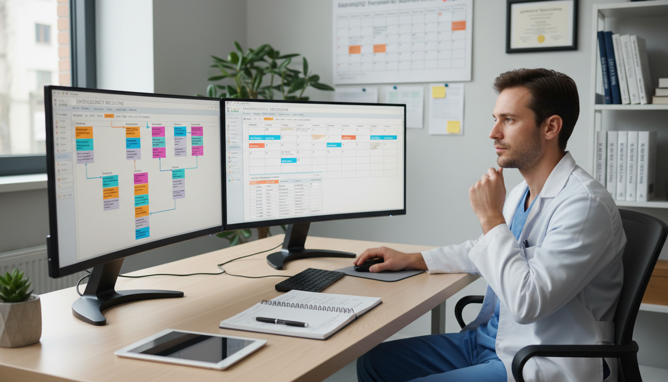 Resident Reviewing Emergency Medicine and Internal Medicine Schedules Resident Reviewing Emergency Medicine and Internal Medicine Schedules - EM IM combined for Managing Residency Work Hours in E