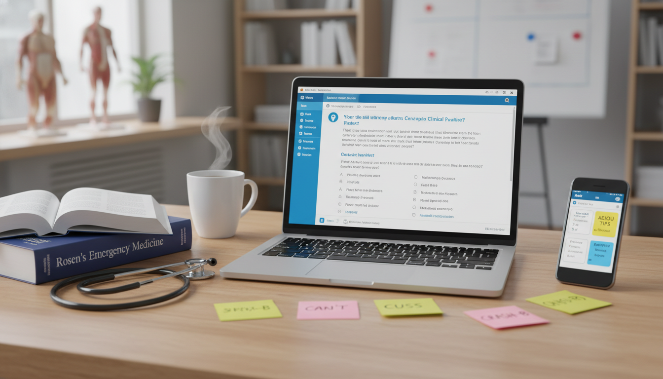 Emergency medicine resident using multiple board exam resources at a desk Emergency medicine resident using multiple board exam resources at a desk - emergency medicine residency for Board Exam Study