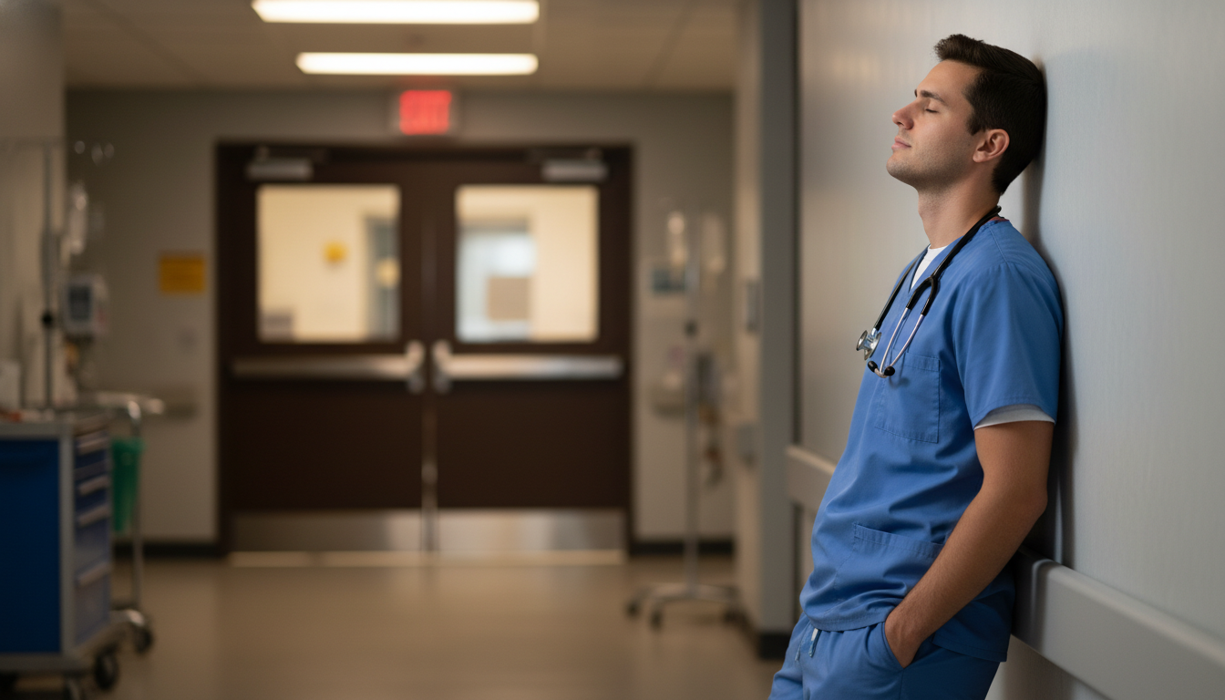 Emergency medicine resident pausing for a moment of reflection in a hospital corridor Emergency medicine resident pausing for a moment of reflection in a hospital corridor - emergency medicine residency for Resi