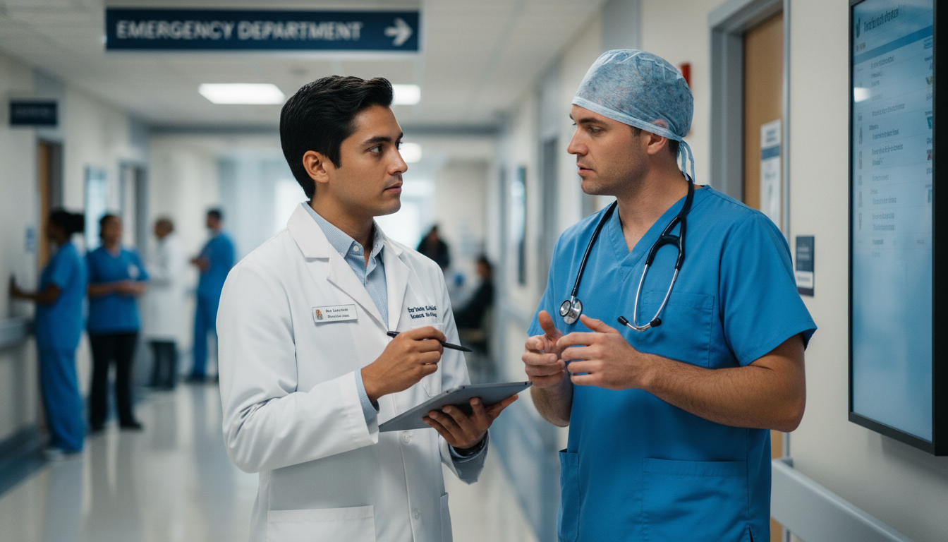 Medical student speaking with emergency medicine resident mentor in hospital hallway Medical student speaking with emergency medicine resident mentor in hospital hallway - emergency medicine residency for Choos