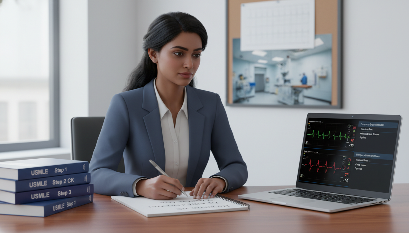 International medical graduate studying USMLE materials while reviewing emergency medicine cases International medical graduate studying USMLE materials while reviewing emergency medicine cases - emergency medicine residen