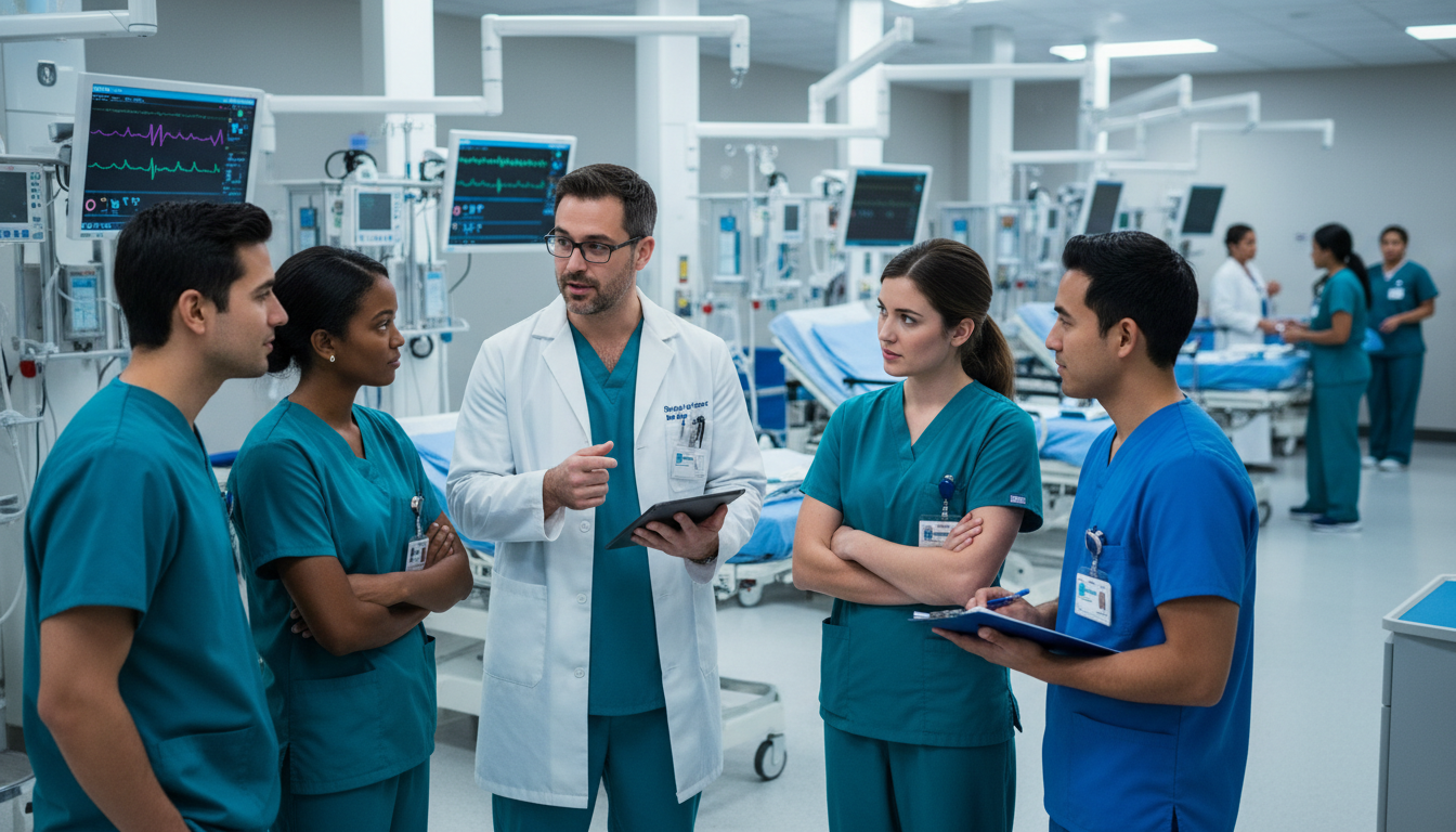 Emergency medicine residents in team huddle before shift - emergency medicine residency for Common Interview Questions in Eme
