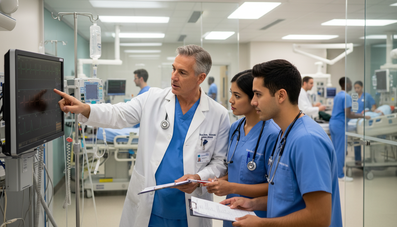 Experienced emergency medicine locum tenens physician mentoring younger colleagues in a busy ED Experienced emergency medicine locum tenens physician mentoring younger colleagues in a busy ED - emergency medicine residenc