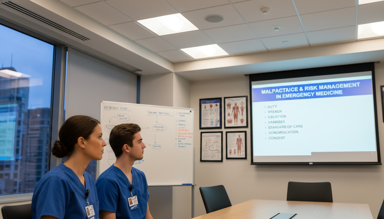 Emergency medicine resident and attending reviewing risk management strategies - emergency medicine residency for Malpractice