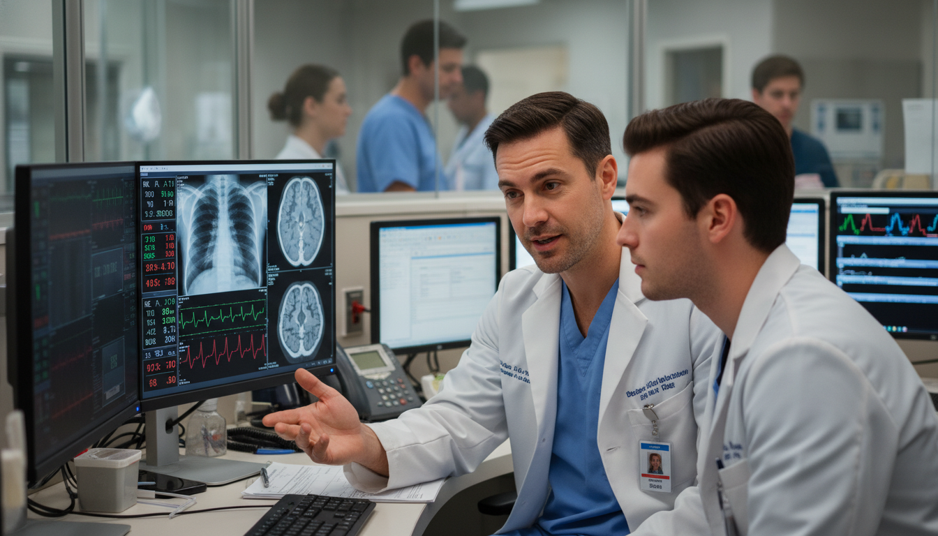 Emergency physician teaching a medical student at a workstation - emergency medicine residency for Medical Shadowing Experien