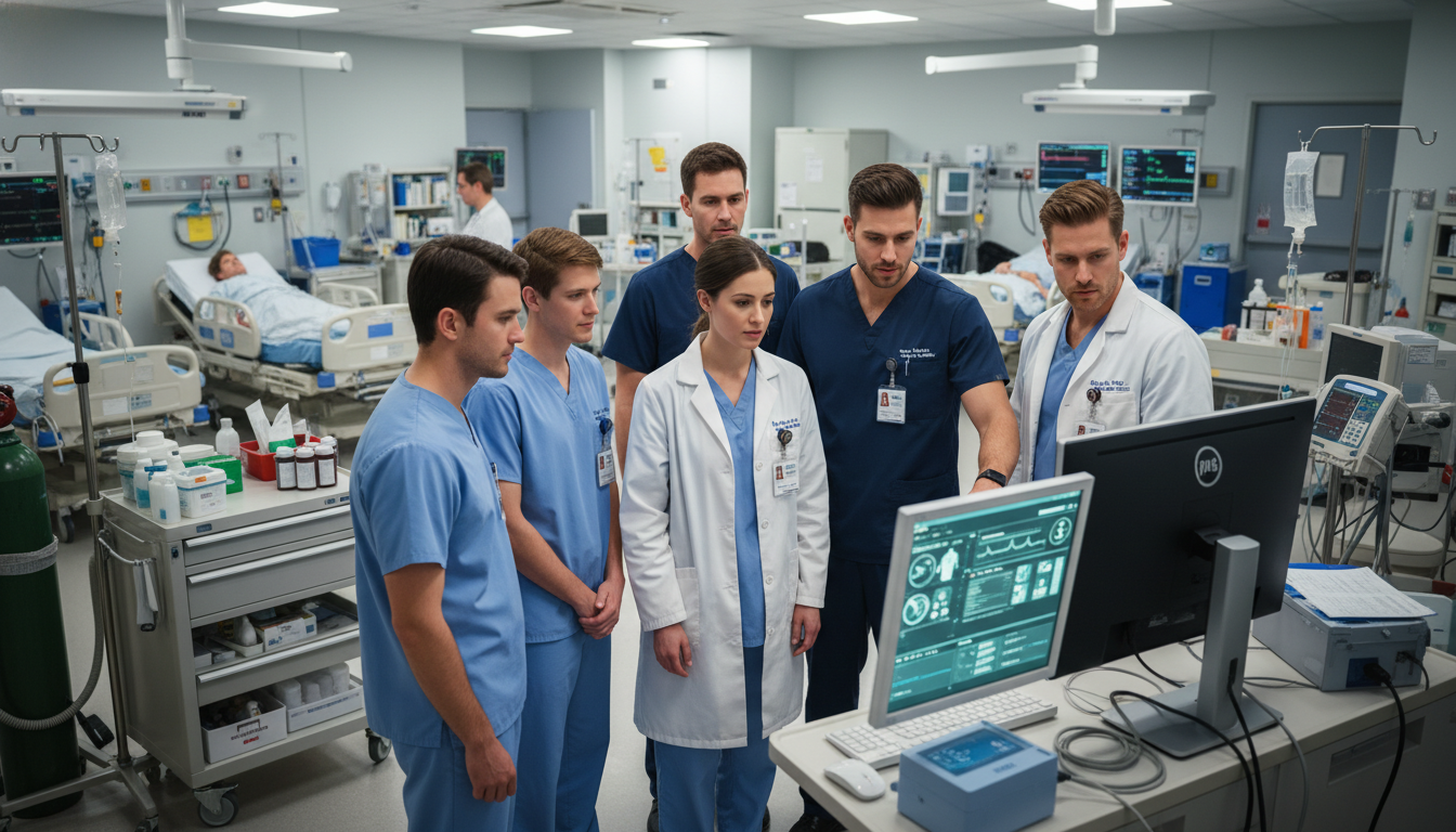 Medical students and EM residents collaborating in an emergency department - emergency medicine residency for Networking in M