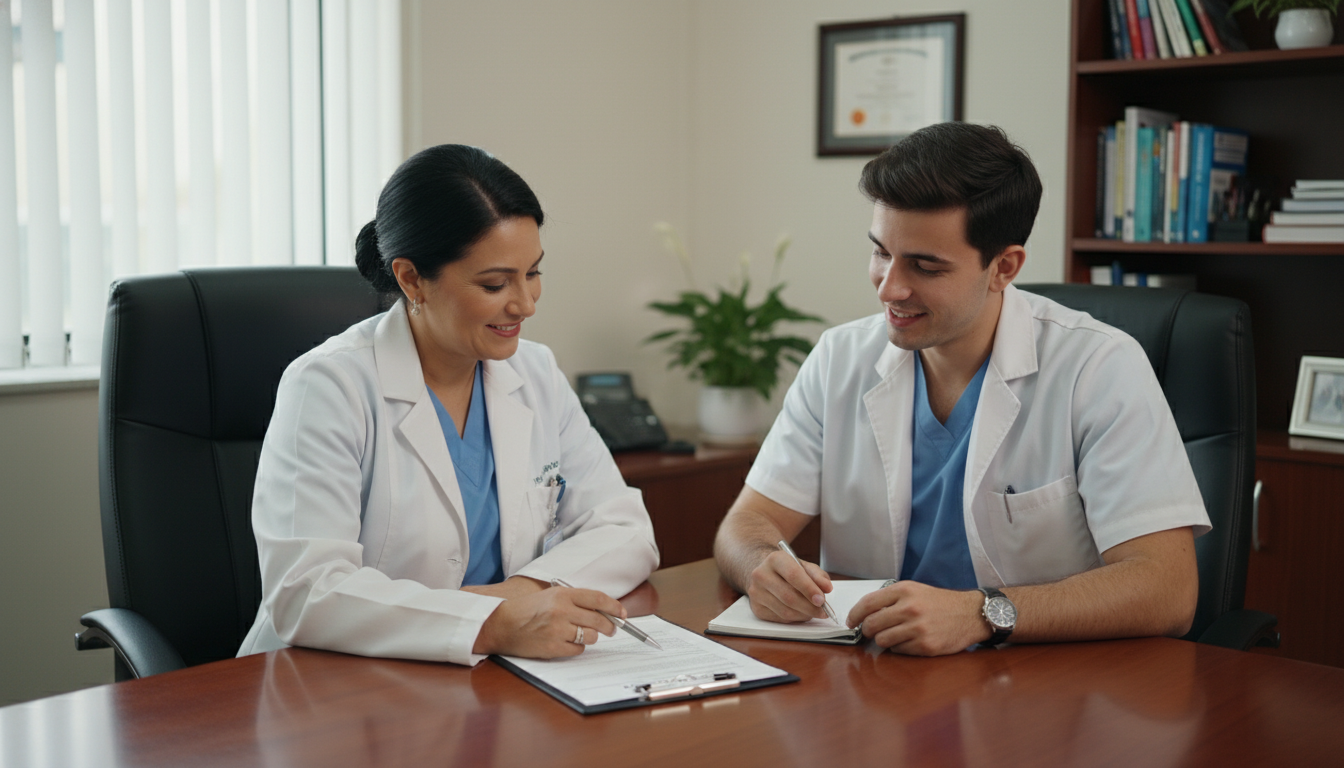 Emergency medicine mentor and mentee meeting in a hospital office - emergency medicine residency for Networking in Medicine i