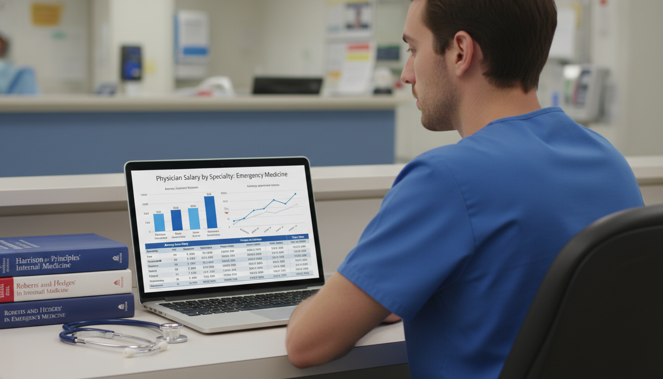 Emergency medicine resident reviewing salary trends on a laptop Emergency medicine resident reviewing salary trends on a laptop - emergency medicine residency for Physician Salary by Specia