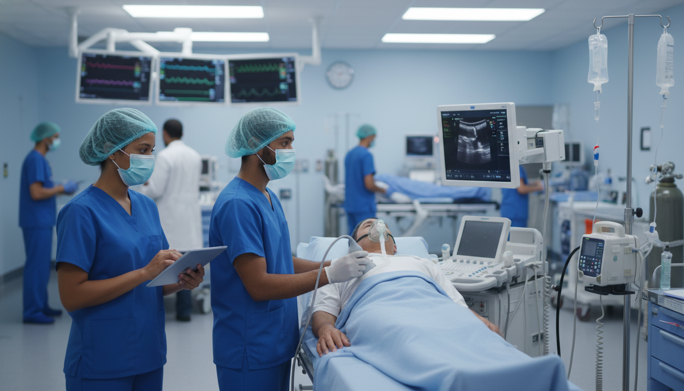 Emergency medicine resident conducting bedside ultrasound for research data collection Emergency medicine resident conducting bedside ultrasound for research data collection - emergency medicine residency for Res