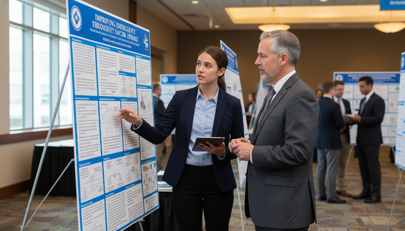 Emergency medicine residency applicant presenting a research poster at a conference Emergency medicine residency applicant presenting a research poster at a conference - emergency medicine residency for Resear