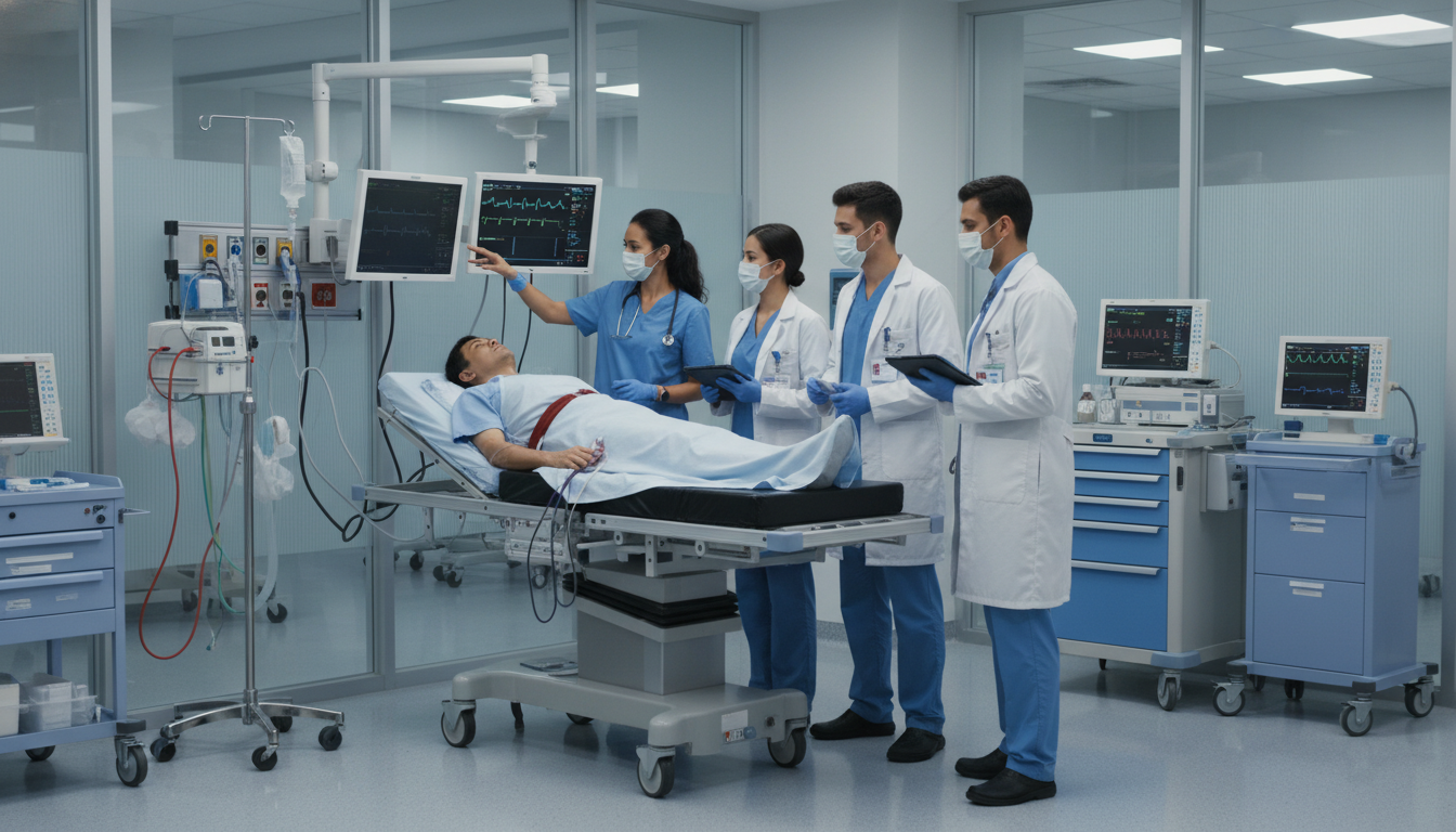Emergency medicine team managing acute patient in resuscitation bay Emergency medicine team managing acute patient in resuscitation bay - emergency medicine residency for USMLE Step 2 CK Prepar
