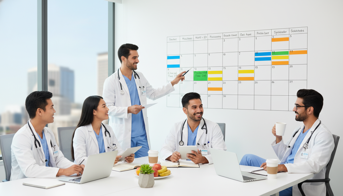 Emergency medicine residents discussing schedules and wellness Emergency medicine residents discussing schedules and wellness - emergency medicine residency for Work-Life Balance Assessmen