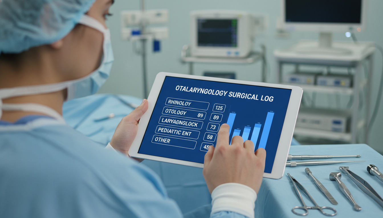 Otolaryngology resident entering surgical cases into a digital logbook on a tablet Otolaryngology resident entering surgical cases into a digital logbook on a tablet - ENT residency for Case Volume Evaluation