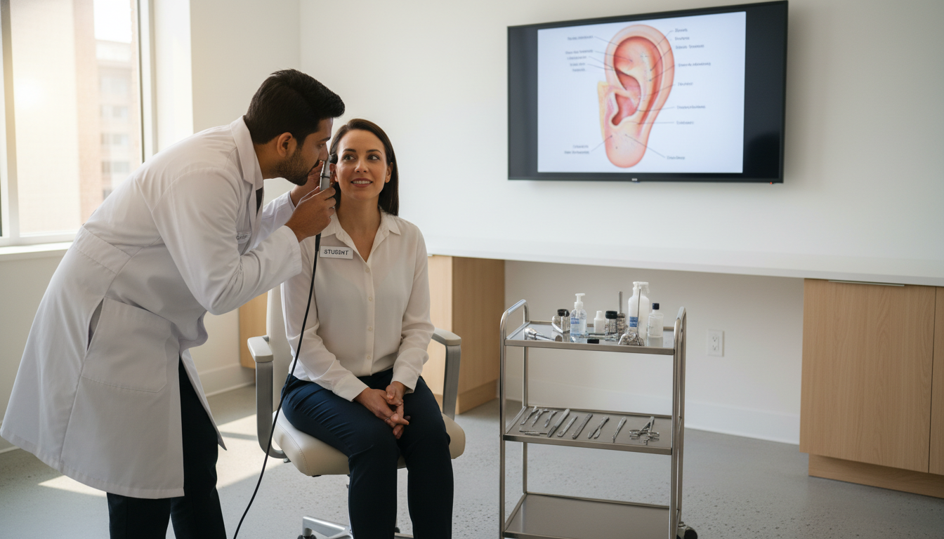 Medical student in ENT clinic learning otoscopic exam - ENT residency for Choosing a Medical Specialty in Otolaryngology (ENT