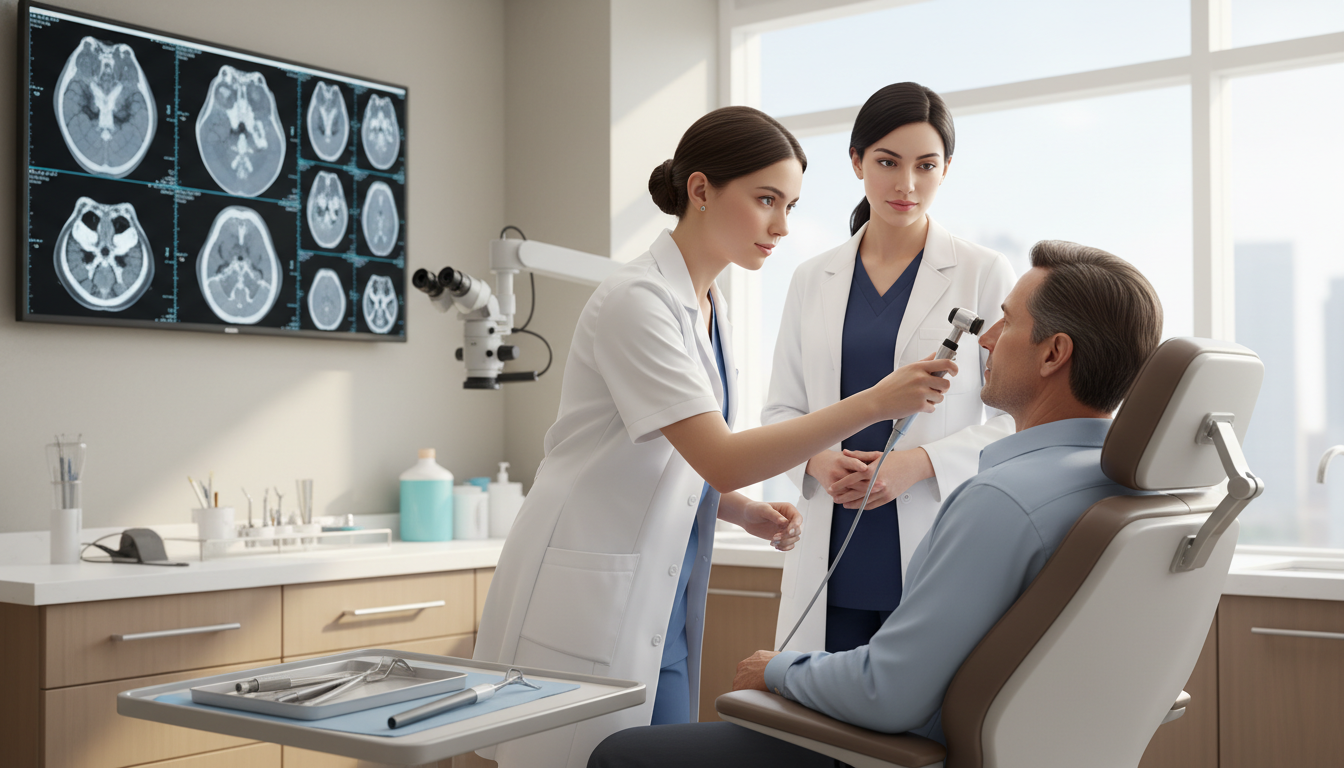 Medical student in ENT clinic performing focused head and neck exam Medical student in ENT clinic performing focused head and neck exam - ENT residency for Excelling in Clinical Rotations in Ot