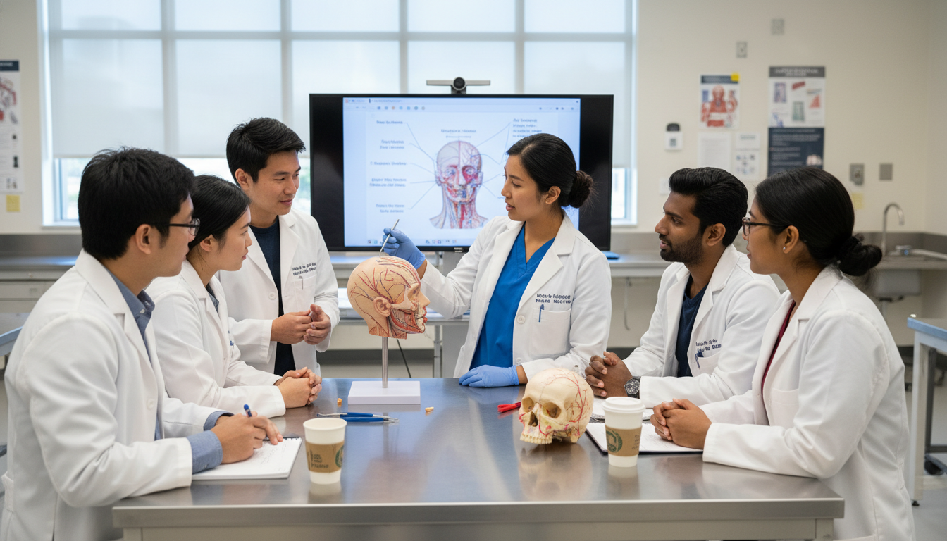 Medical students studying head and neck anatomy in lab Medical students studying head and neck anatomy in lab - ENT residency for Surviving First Year of Med School in Otolaryngolo