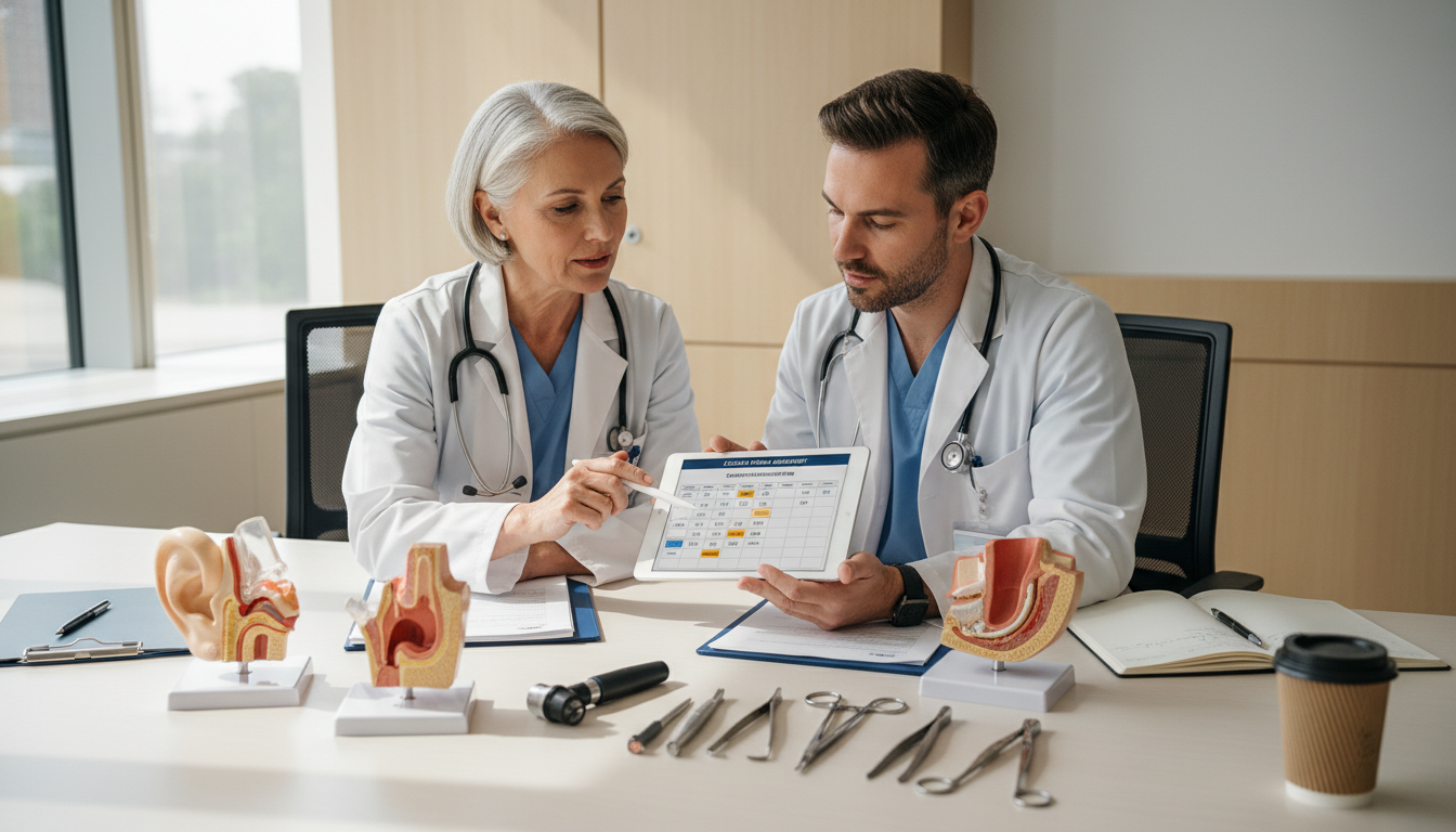 Otolaryngologist explaining locum tenens options to younger colleague Otolaryngologist explaining locum tenens options to younger colleague - ENT residency for Locum Tenens Opportunities in Otola