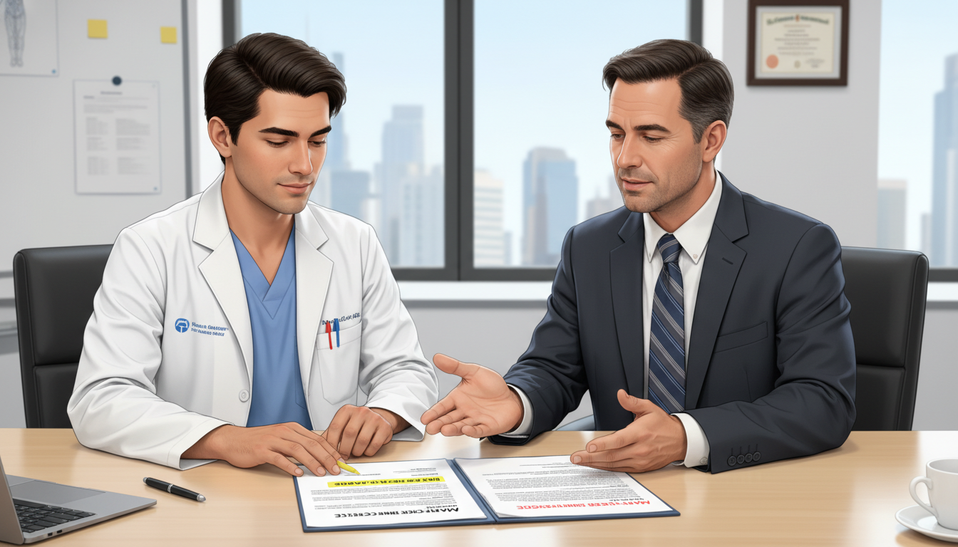 ENT surgeon reviewing malpractice policy terms with a recruiter ENT surgeon reviewing malpractice policy terms with a recruiter - ENT residency for Malpractice Insurance Guide in Otolaryngo