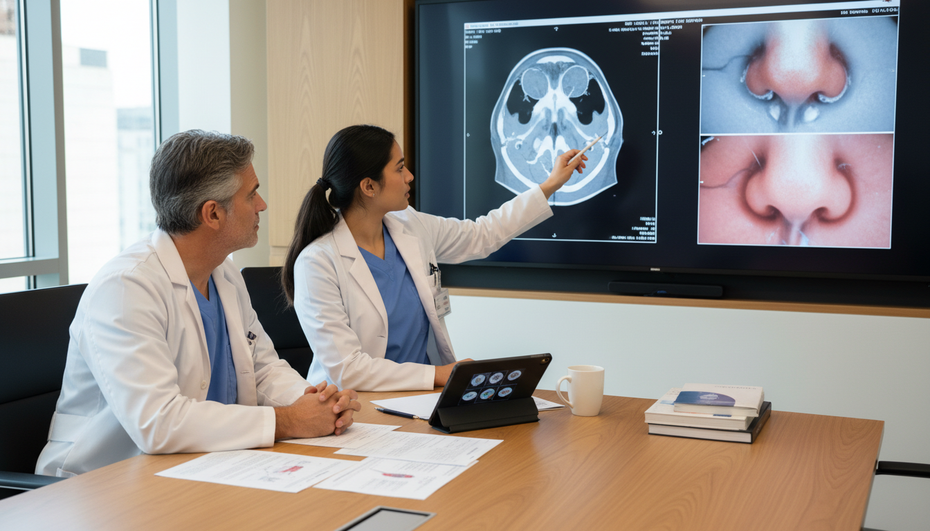 Otolaryngology resident and attending reviewing surgical images post-operatively Otolaryngology resident and attending reviewing surgical images post-operatively - ENT residency for Operative Experience Eva