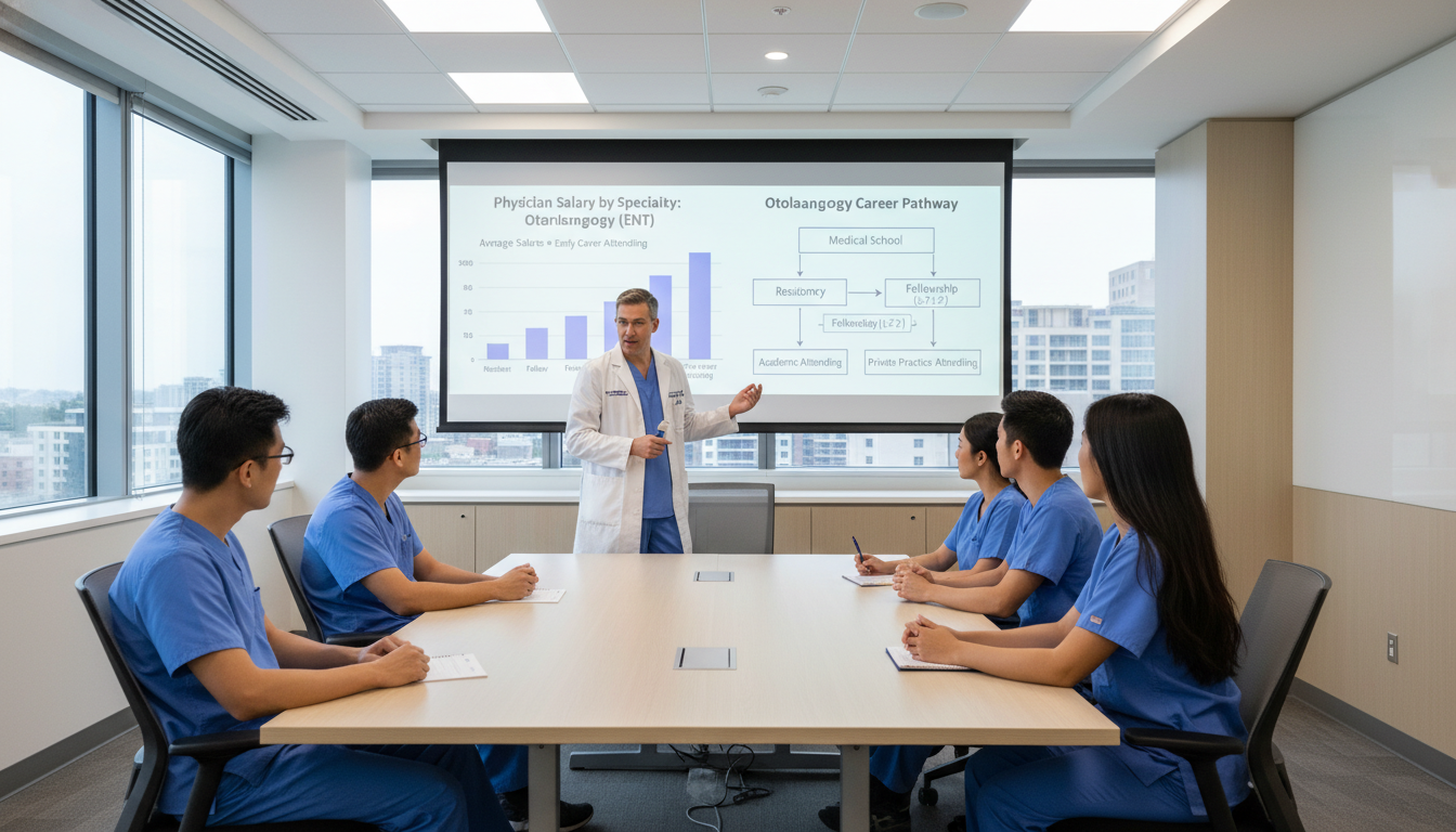 Otolaryngology residents and attending discussing career growth and salary data Otolaryngology residents and attending discussing career growth and salary data - ENT residency for Physician Salary by Speci