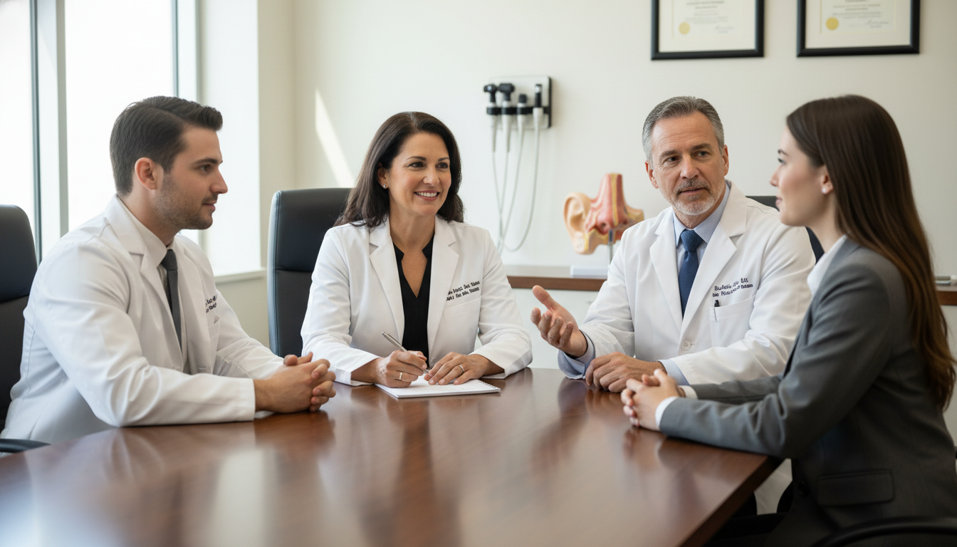 ENT residency interview panel and applicant in professional discussion ENT residency interview panel and applicant in professional discussion - ENT residency for Pre-Interview Preparation in Otola