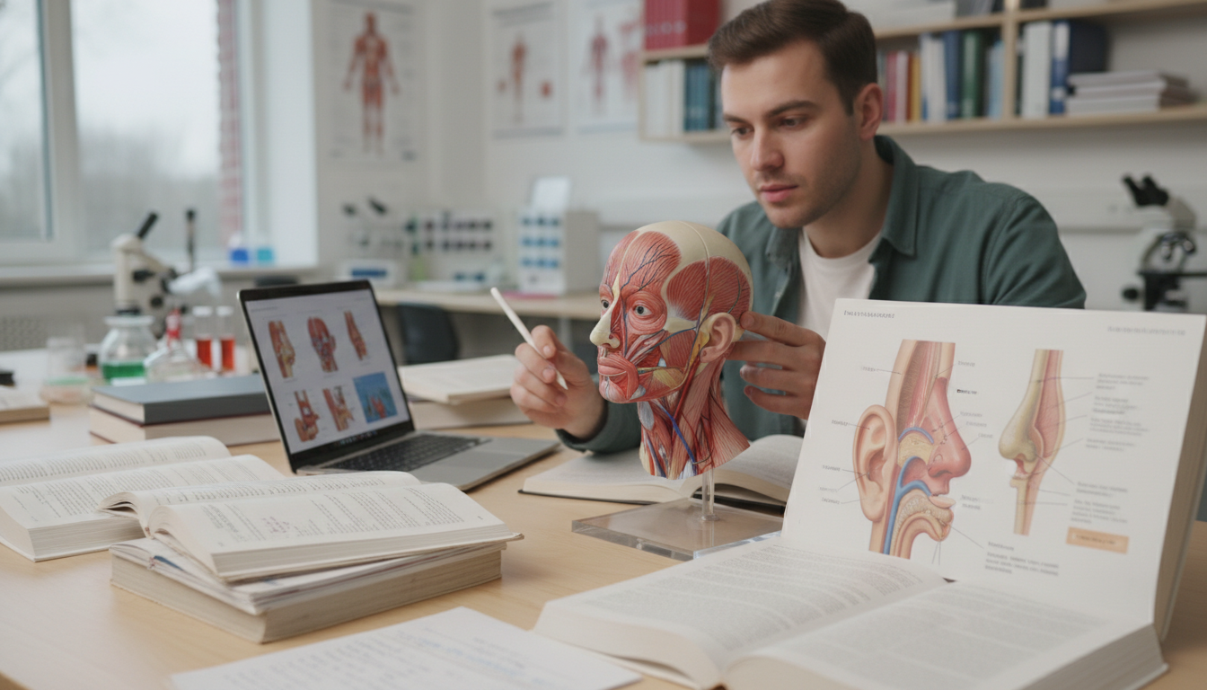 Medical student studying anatomy with focus on head and neck Medical student studying anatomy with focus on head and neck - ENT residency for Pre-Med Preparation in Otolaryngology (ENT):
