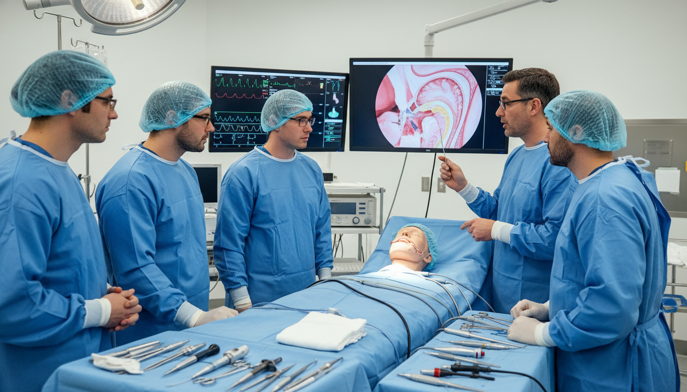 Otolaryngology residents in a teaching operating room reviewing sinus anatomy - ENT residency for Questions to Ask Programs i