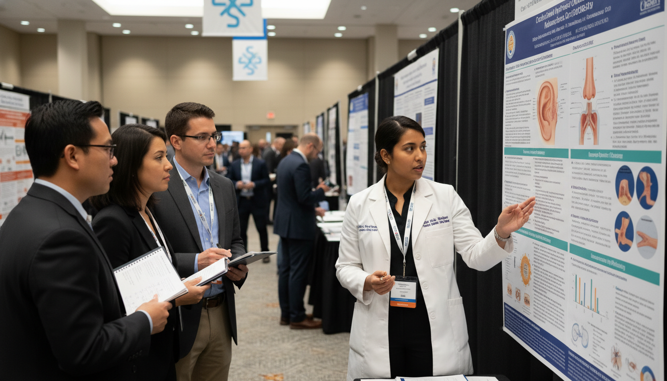 Resident presenting ENT research poster at academic conference Resident presenting ENT research poster at academic conference - ENT residency for Research Profile Building in Otolaryngolog