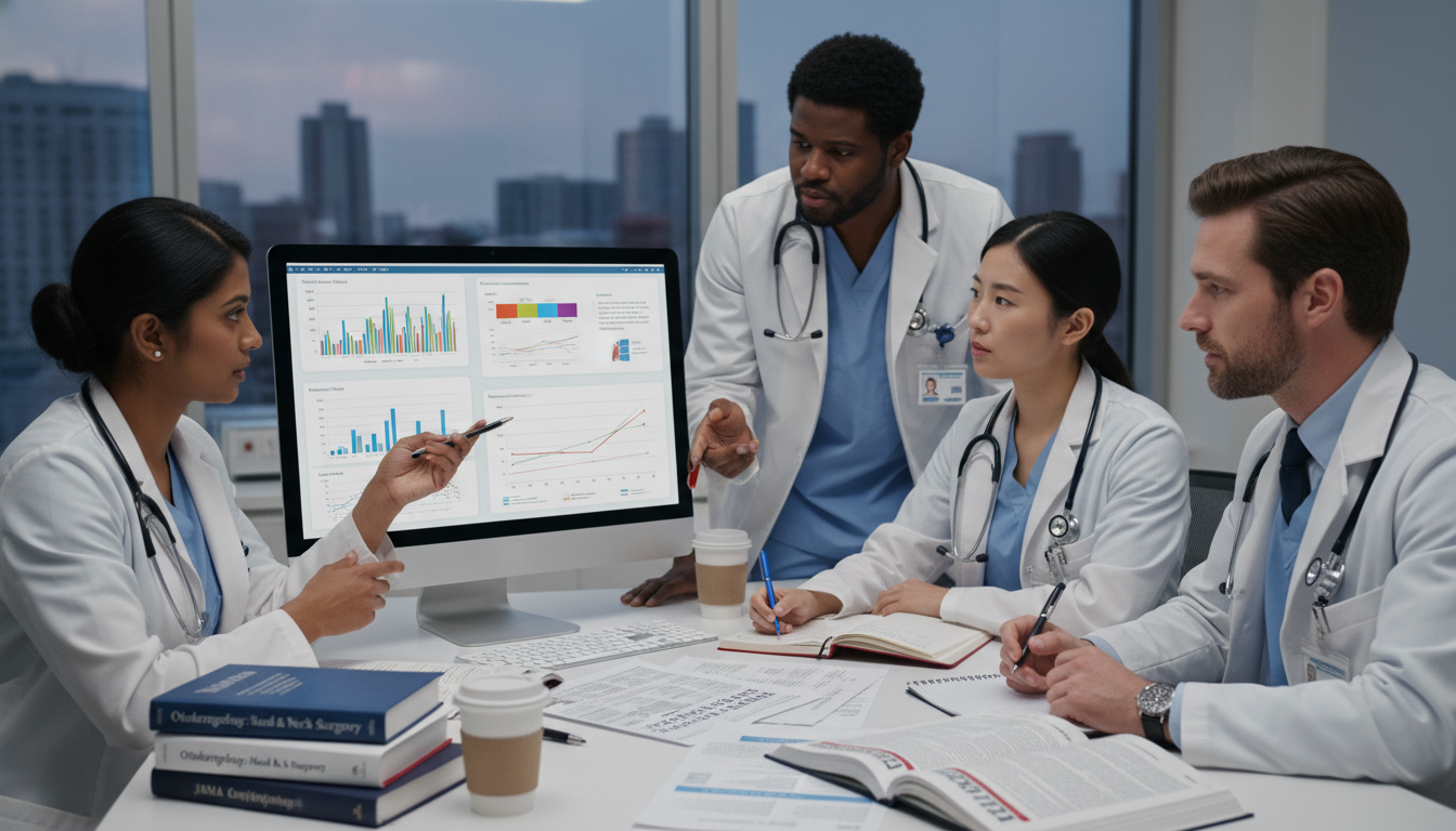 Otolaryngology residents collaborating on a research project with data on screen Otolaryngology residents collaborating on a research project with data on screen - ENT residency for Research Profile Buildin