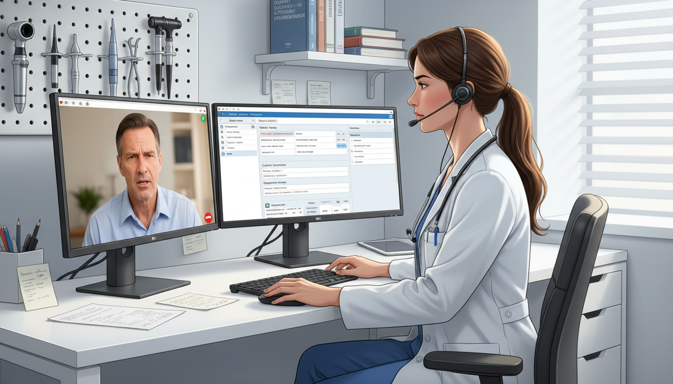 ENT resident performing remote otolaryngology consultation and charting ENT resident performing remote otolaryngology consultation and charting - ENT residency for Telemedicine Career Opportunities