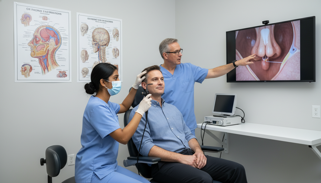 Otolaryngology resident performing nasal endoscopy under supervision - ENT residency for Visa Navigation for Residency in Oto