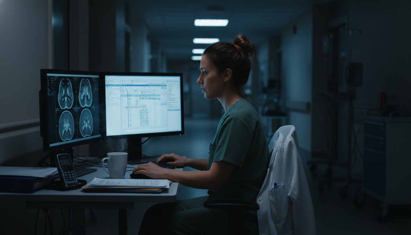 ENT resident reviewing cases on a computer during night shift ENT resident reviewing cases on a computer during night shift - ENT residency for Managing Residency Work Hours in Otolaryngo