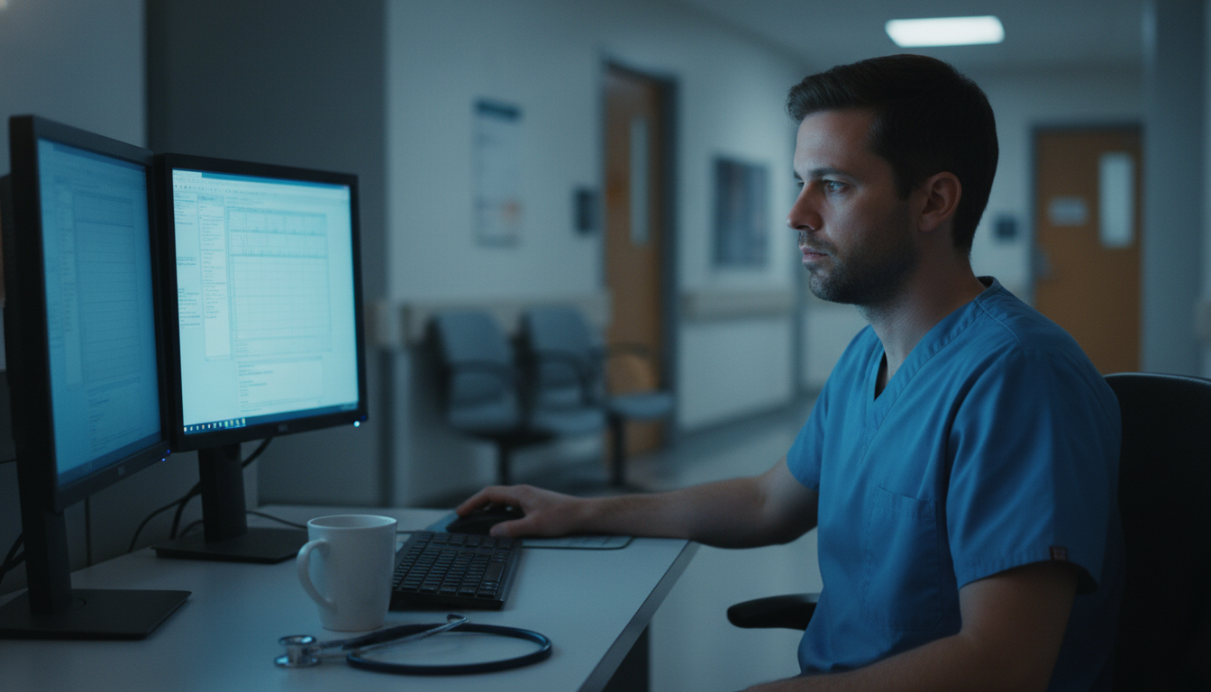 Stressed family medicine resident reflecting during a night shift Stressed family medicine resident reflecting during a night shift - family medicine residency for Residency Burnout Preventio