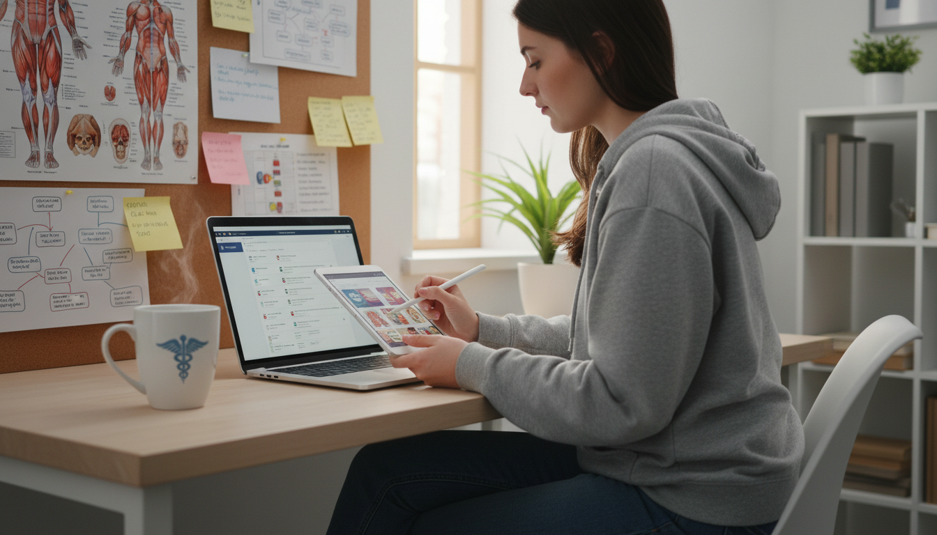 Medical student studying with digital flashcards for first year coursework Medical student studying with digital flashcards for first year coursework - family medicine residency for Surviving First Ye